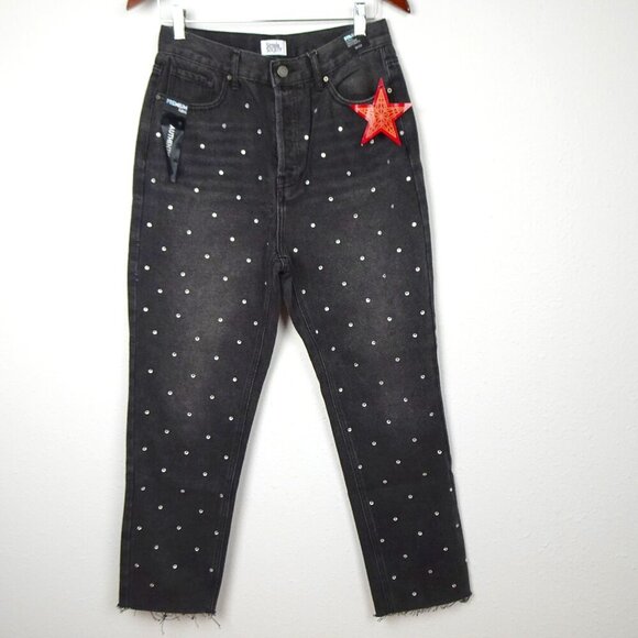 Rhinestone Jeans Simple Society Size 9 Gray Button Fly Cropped Straight Frayed - Picture 1 of 10